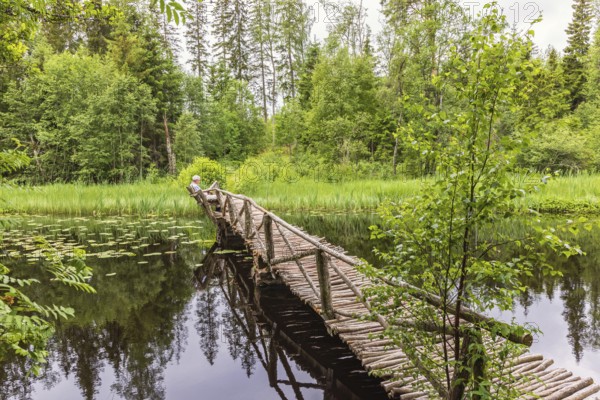 Wooden footbridge built by tree sticks over a river with a man sitting on a bench in a lush green forest in the summer, Mullsjö, Sweden, Europe
