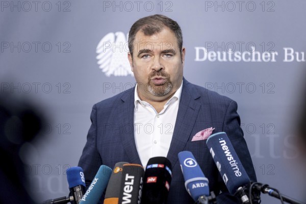 Florian cock, Member of the German Bundestag (CDU/CSU), recorded as part of a press statement at the meeting of the Defence Committee on the subject of compulsory military service in Berlin, 12/06/2024