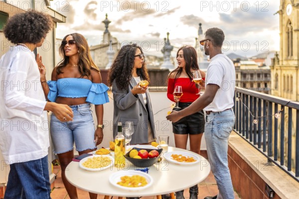 Multi-ethnic friends standing next to table with snacks and wine in a rooftop during sunset party
