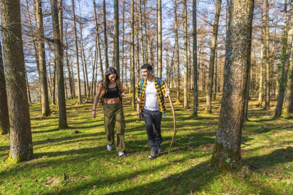 Hikers with backpacks enjoying a lively conversation while walking along a sunlit path in a vibrant forest filled with lush greenery