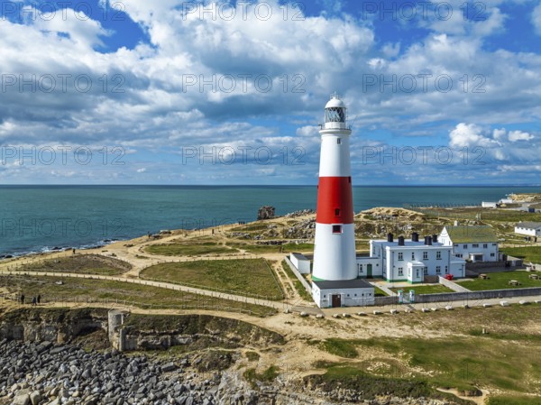 Portland Bill Lighthouse from a drone, Portland Bill, Isle of Portland, Dorset, England, United Kingdom, Europe