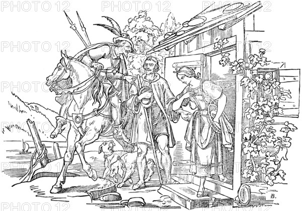 Ringgenberg and Schadenburg, after the hunt Wolf von Ringgenberg rides up to the house of the fisherman Klaus and desires his shy daughter, open front door, noble rider on horseback, hunting dog, Swiss folk tale, fairy tale, woodcut illustration, Swiss calendar for 1848