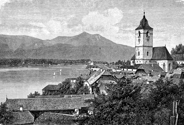 Sankt Wolfgang am Wolfgangsee in Austria, in 1870, Historical, digital reproduction of an original from the 19th century