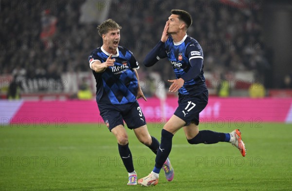 Goal celebration Gesture Gesture Mathias Honsak 1. FC Heidenheim 1846 FCH (17) with Jan Schöppner 1. FC Heidenheim 1846 FCH (03) MHPArena, MHP Arena Stuttgart, Baden-Württemberg, Germany, Europe
