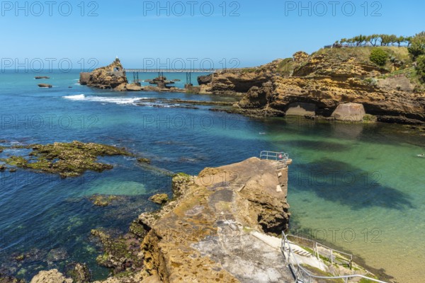 Coast of Plage du Port Vieux on a summer afternoon. Municipality of Biarritz, department of the Atlantic Pyrenees. France