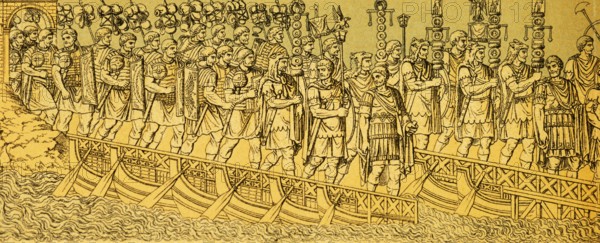 Relief on the Forum Traiani or Foro di Traiano, Trajan's Forum, Roman soldiers in weapons and protective clothing, ships, crossing a bridge, legionaries, standard, march, order, ancient Rome, Italy, coloured historical illustration from 1882, Europe