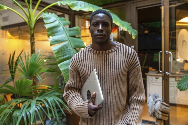 African handsome man with casual clothes carrying laptop standing next to a coworking
