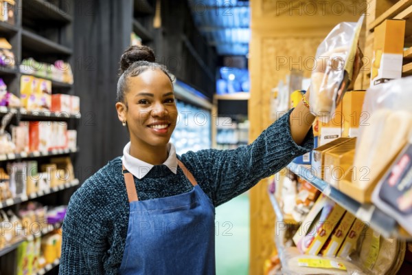 Friendly saleswoman arranging gluten free products on shelves, working in an organic supermarket, ensuring customer satisfaction