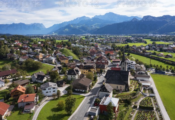 Drone image, view of village with church, Puch near Hallein, Salzachtal, Tennengau, Salzburg province, Austria, Europe