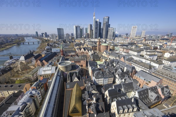 The view from St. Bartholomew's Cathedral takes in Frankfurt city centre and the banking skyline, Frankfurt am Main, Hesse, Germany, Europe