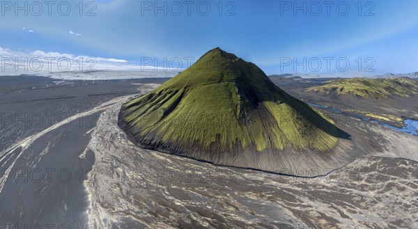 Aerial view, Mælifell mountain covered with moss, Maelifell, black sand desert Mælifellssandur, glacial streams, glacier Myrdalsjökull, Icelandic highlands, Iceland, Europe