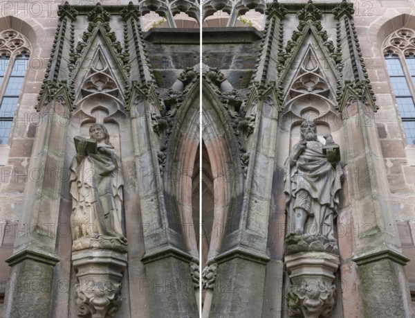 Sculptures to the left and right of the main entrance portal of St Nicholas and St Ulrich Church, Kirchenberg 15, Nuremberg-Mögeldorf, Middle Franconia, Bavaria, Germany, Europe