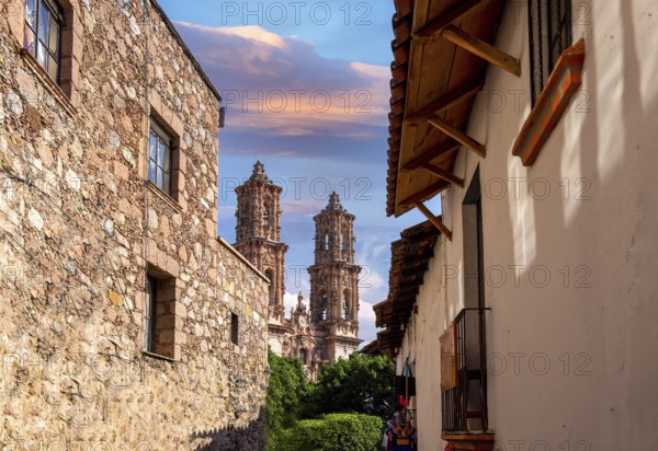 Mexico, Scenic Taxco colonial architecture and cobblestone narrow streets in historic city center near Santa Prisca church, Central America