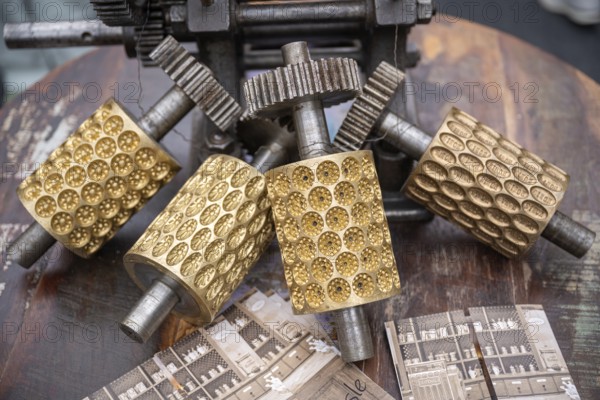 Profiled metal rollers, machine parts, embossing rollers, brass matrices for the production of sweets and lollipops, 19th century, Baden-Württemberg, Germany, Europe