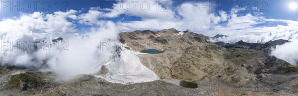 Panorama with mountain lake, glacier lake and glacier tongue on the Übeltalferner, aerial view, Stubai Alps, South Tyrol, Italy, Europe