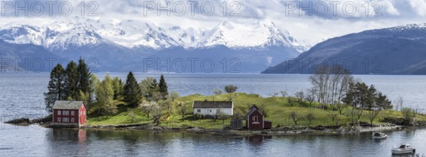Panorama, typical red house on an island in the Hardangerfjord, near Strandebarm, Hordaland, Norway, Europe