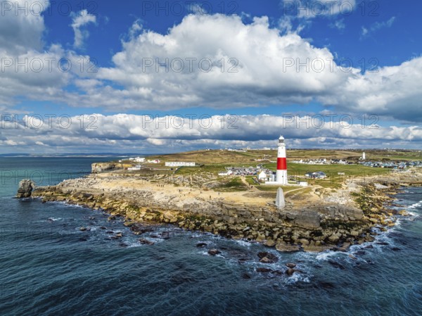 Portland Bill Lighthouse from a drone, Portland Bill, Isle of Portland, Dorset, England, United Kingdom, Europe