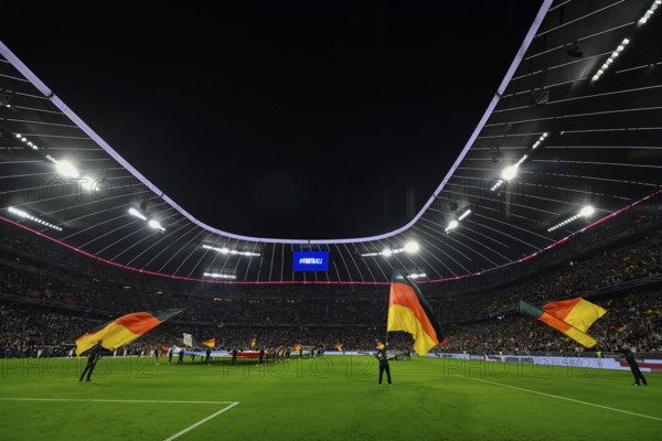 Overview, flag waving in front of the start of the match, German flags, flags, UEFA Nations League international match Germany vs. Netherlands, Allianz Arena, Munich, Bavaria, Germany, Europe