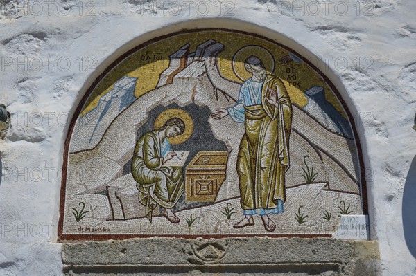 A mosaic wall painting on a church shows two holy figures in a religious scene, St John the Baptist, Monastery of Apokalipsis, Patmos, Dodecanese, Greek Islands, Greece, Europe