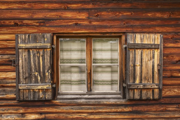 View of the window of a hut on the Glatsch Alm, Dolomites, Puez-Geisler nature park Park, Odle Group, St. Magdalena, Funes, Villnöss Valley, South Tyrol, Italy, Europe