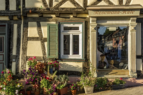 Idyllic old half-timbered house with floral decorations and shop window of milliner, milliner, hat maker, hat salon Rosemann, hat shop, old town, Bad Homburg vor der Höhe, Hesse, Germany, Europe
