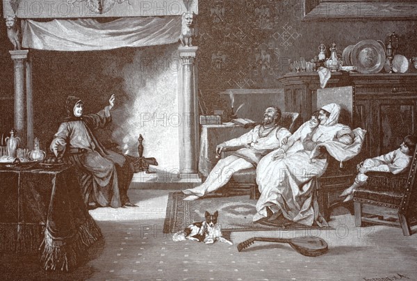 Decameron, Il Decamerone, scene in a country house in the hills of Florence, illustration after a painting by Amos Cassioli, reproduction of an original, around 1900, historical, A medieval family gathers around a fireplace while a dog lies on the floor. The atmosphere is cosy