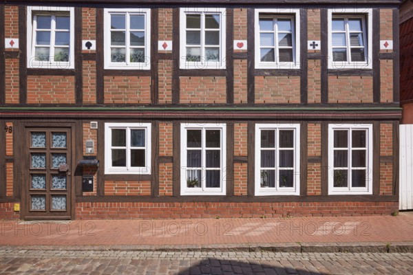 Façade with door and windows of a half-timbered house in Stade, Hanseatic city, district of Stade, Lower Saxony, Germany, Europe