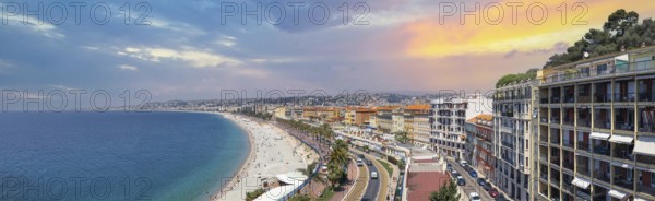 France, panoramic skyline of old historic Nice center and azure beaches along Promenade des Anglais, Europe