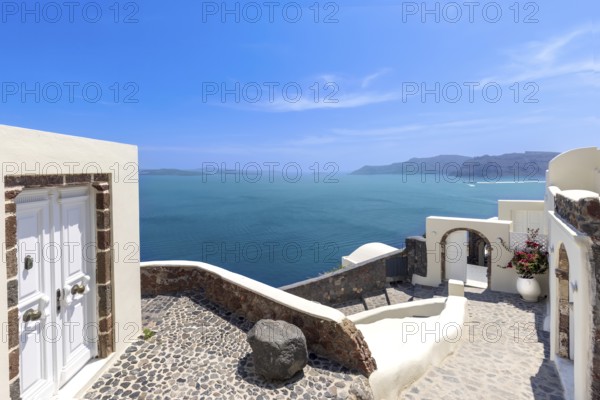 Greece, Greek Islands cruise, scenic panoramic sea views from top outlook of Oia, Europe