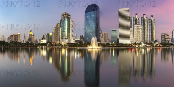 Benjakitti Park, eastern water zone with water fountain, a municipal park in the Khlong Toei district, Bangkok, Thailand, Asia
