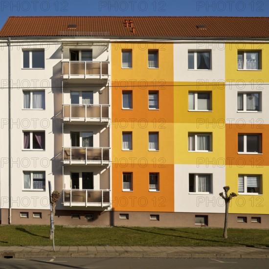 Geometrically and colourfully designed apartment buildings of a housing association, Halberstadt, Saxony-Anhalt, Germany, Europe