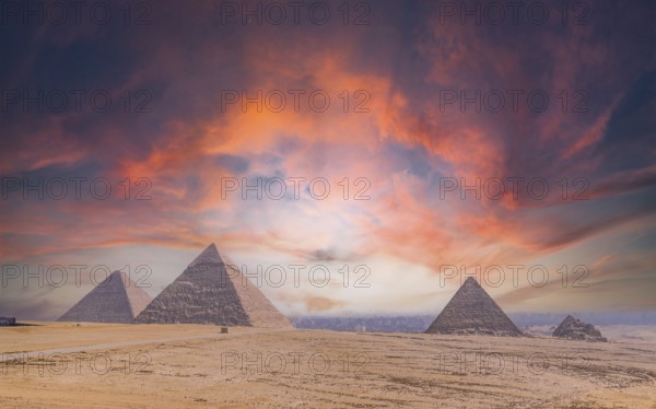 Pyramids of Giza at sunset, the oldest Funerary monument in the world. In the city of Cairo, Egypt, Africa