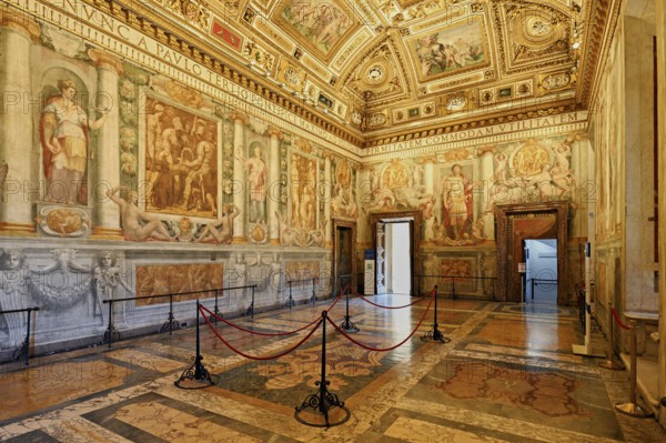 Ceiling painting and golden wall decorations in the Sala Paolina, Pope's chamber, Castel Sant Angelo, Castel Sant'Angelo, Museum, Rome, Lazio, Italy, Europe