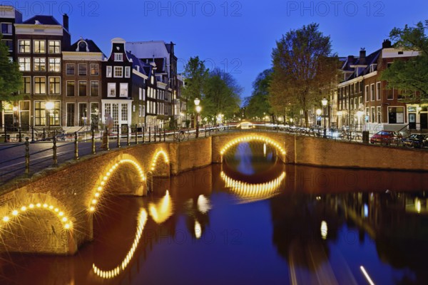 Prinsengracht canal in the evening light after sunset, Amsterdam, North Holland, Netherlands