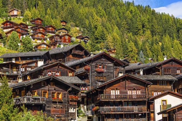 Old wooden houses in the historic village centre, Grimentz, Val d'Anniviers, Valais Alps, Canton Valais, Switzerland, Europe