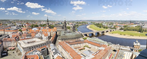 Panoramic view from the tower of the Church of Our Lady to the old town with castle, Hofkirche, Augustusbrücke and Elbe, Dresden, Saxony, Germany, Europe