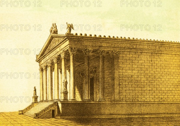 Templum Antinini et Faustinae, Tempio di Antonino e Faustina or Temple of Antony and Faustina, columns, entrance, stairs, statues, ancient Rome, Italy, coloured historical illustration from 1882, Europe