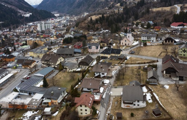 Drone image, residential buildings, view of town, Radenthein, Gegendtal, Carinthia, Austria, Europe