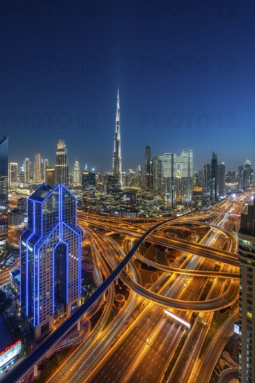 Dubai skyline at night, Burj Khalifa tallest building in the world, United Arab Emirates, Asia