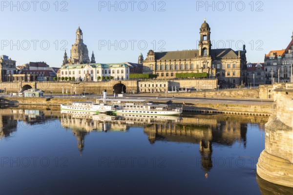 City view in the morning with Elbe, Elbe steamers, Brühl's Terrace, Sekundogenitur, dome of the Church of Our Lady and Ständehaus, Dresden, Saxony, Germany, Europe
