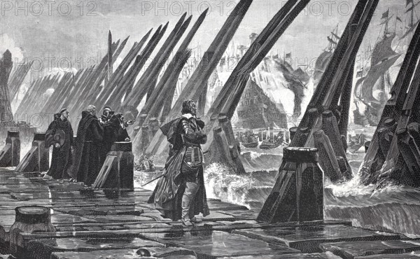 Michelieu at the siege of La Rochelle by troops of the French King Louis XIII, 4 August 1627 to 28 October 1628, France, woodcut after a painting by Henri-Paul Motte, digital reproduction of an original from the 19th century, historical, Europe