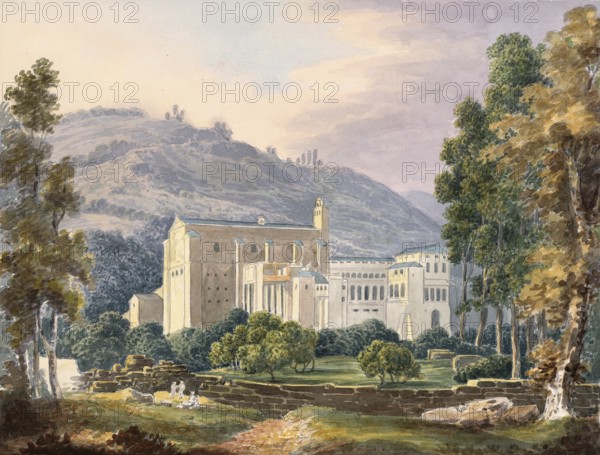 Monastery of Yuste, San Jerónimo de Yuste), in the north-east of the province of Cáceres in Extremadura, Spain, digital reproduction of a painting by Charles Hamilton Smith (1776-1859), historical, Europe