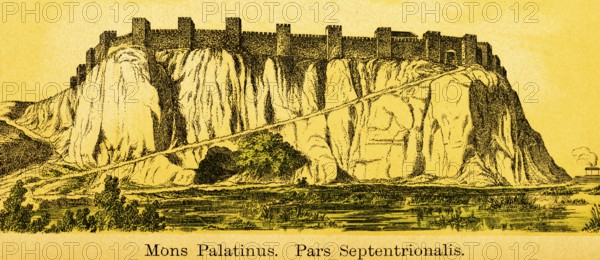 Hill Mons Pilatus or Mont Pilatus, Pars Septentrionalis, mountain with fortress and defence towers, rocks, path, title, ancient Rome, Italy, coloured historical illustration from 1882, Europe