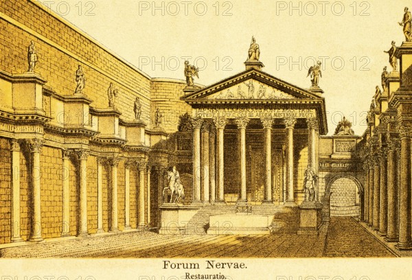 Forum Nervae or Foro di Nerva, Nerva Forum in restored retrospect, temple with columns forecourt, steps, equestrian statue, statues, portico, archway, title, ancient Rome, Italy, coloured historical illustration from 1882, Europe