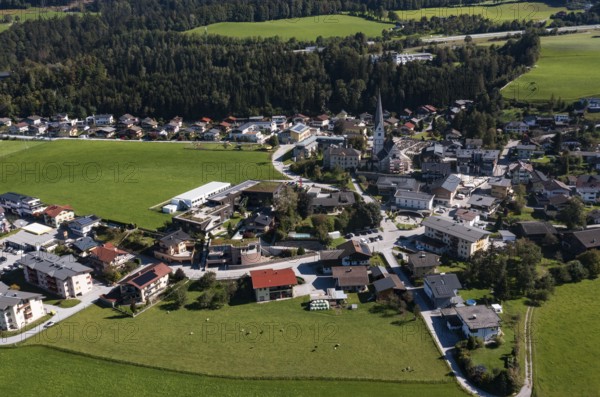 Drone image, settlement area, view of village with church, Pfarrwerfen, Salzachtal, Pongau, Salzburg province, Austria, Europe