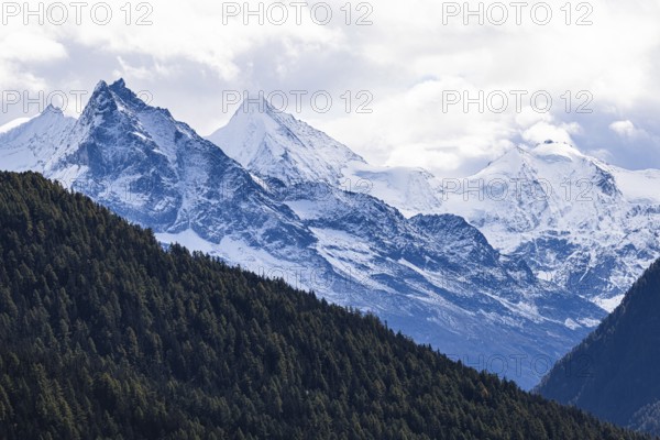 Snow-covered peaks of the mountains Le Besso, and Obergabelhorn, Val d'Anniviers, Valais Alps, Canton Valais, Switzerland, Europe