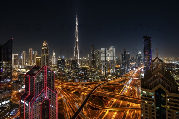 Dubai skyline at night, Burj Khalifa tallest building in the world, United Arab Emirates, Asia