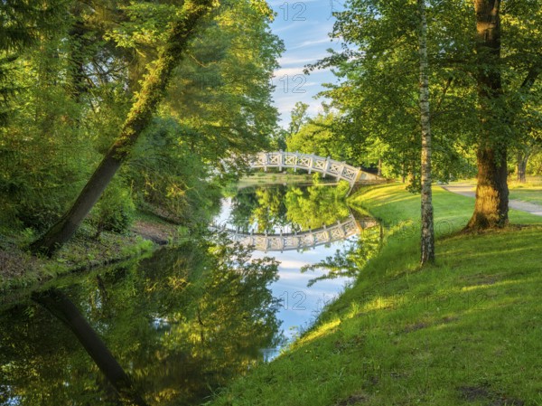 The Chinese or White Bridge in Wörlitz Park in the evening light, Garden Kingdom Dessau-Wörlitz, Wörlitz, Saxony-Anhalt Germany