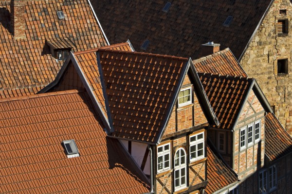 View from above onto the roofs of the old town, World Heritage City of Quedlinburg, Saxony-Anhalt, Germany, Europe