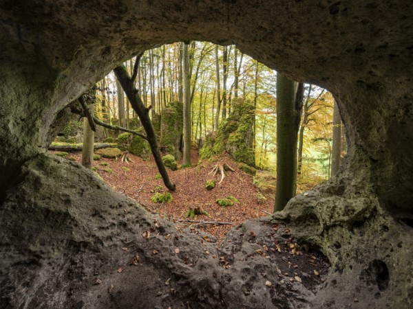 The witches' gate, rock gate in autumn, Betzenstein, Upper Franconia, Franconian Switzerland, Bavaria, Germany, Europe